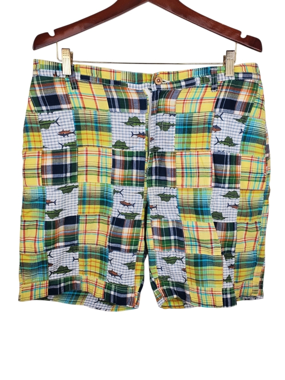 Berle Patchwrk Madras Shorts. 38 Washed Stoned & Beaten Fisherman Plaid. #276
